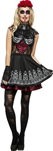 Smiffys Fever Day of the Dead Costume, Black (Size M) - `Fever Day of the Dead Costume, Black, with Dress, Attached Underskirt -  (Size: M)`