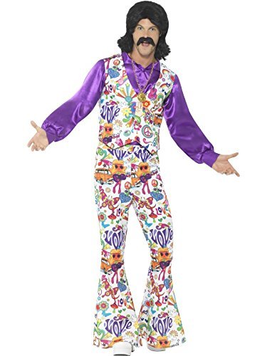 `60s Groovy Hippie Costume, Multi-Coloured, with Waistcoat, Shirt & Flared Trousers -  (Size: XL)` Men's Costumes