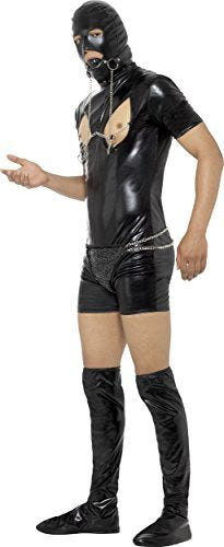 Smiffys Bondage Gimp Costume with Bodysuit, Black (Size L) - `Bondage Gimp Costume, Black, with Bodysuit, Hood, Bootcovers, Thong, Gag & Nipple Clamps -  (Size: L)`