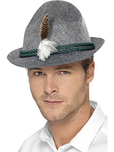 Smiffys German Trenker Hat with Feather, Grey