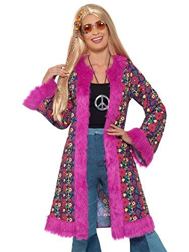 Smiffys 60s Psychedelic Hippie Coat, Pink (Size L-X1) - `60s Psychedelic Hippie Coat, Pink, with Fur Trim -  (Size: L-X1)`