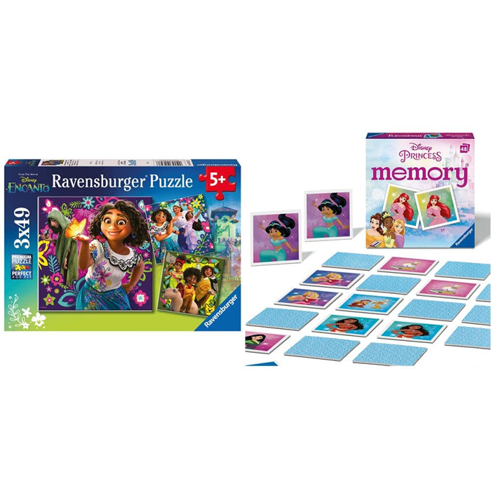 Ravensburger Disney Encanto Jigsaw Puzzle for Kids Age 5 Years Up - The Magic Awaits - 3x 49 Pieces & Disney Princess Mini Memory Game - Matching Picture Snap Pairs For Kids Age 3 Years Up + Disney Princess Mini Memory Game