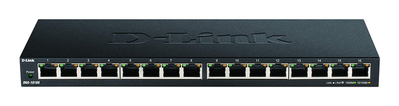 D-Link DGS-1016S 16-Port Gigabit Unmanaged Switch, Fanless, Low Profile, Metal Housing, Desktop/Wall Mount, Plug-and-Play, 802.1p QoS, 802.3az EEE black DGS-1016S