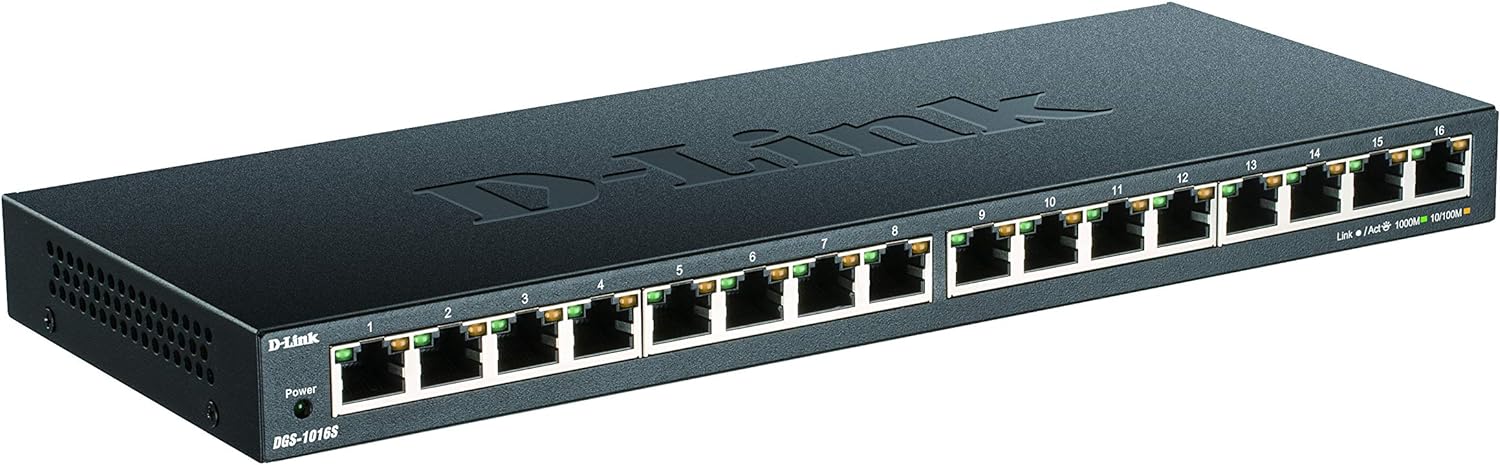 D-Link DGS-1016S 16-Port Gigabit Unmanaged Switch, Fanless, Low Profile, Metal Housing, Desktop/Wall Mount, Plug-and-Play, 802.1p QoS, 802.3az EEE black DGS-1016S