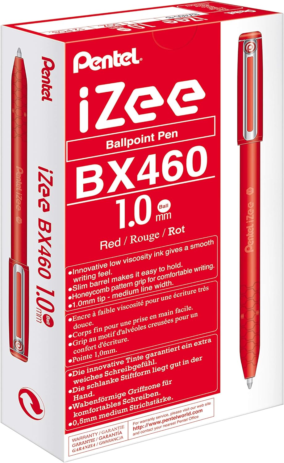 Pentel BX460-B IZee - Bolígrafo con capuchón (punta de 0,5 mm, 12 unidades), color rojo
