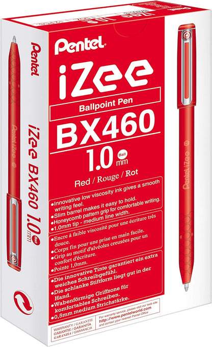 Pentel BX460-B IZee - Bolígrafo con capuchón (punta de 0,5 mm, 12 unidades), color rojo