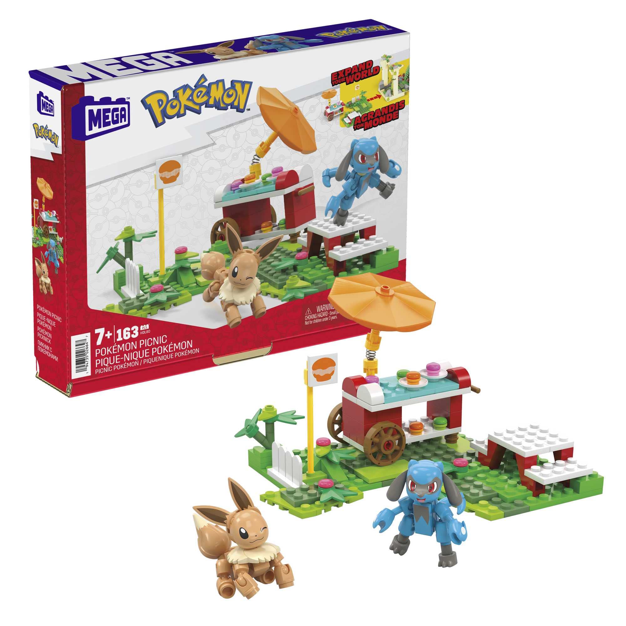 MEGA Pokémon Adventure Builder Picnic toy building set, Eevee and Riolu figures, 193 bricks and pieces, gift set for boys and girls, ages 7 and up, HDL80 Single