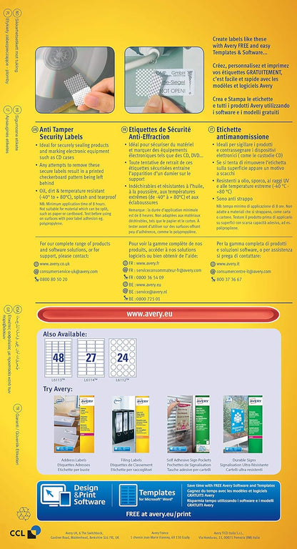 Avery L6113-20 Extra-Strong Adhesive Anti Tamper Security Labels, 48 Labels Per A4 Sheet, White