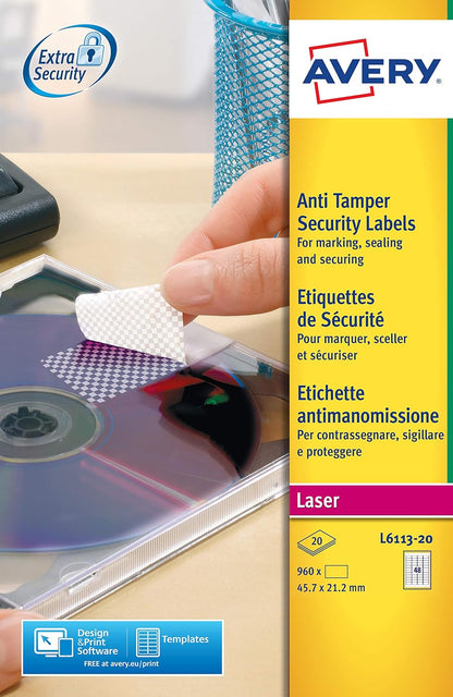 Avery L6113-20 Extra-Strong Adhesive Anti Tamper Security Labels, 48 Labels Per A4 Sheet, White