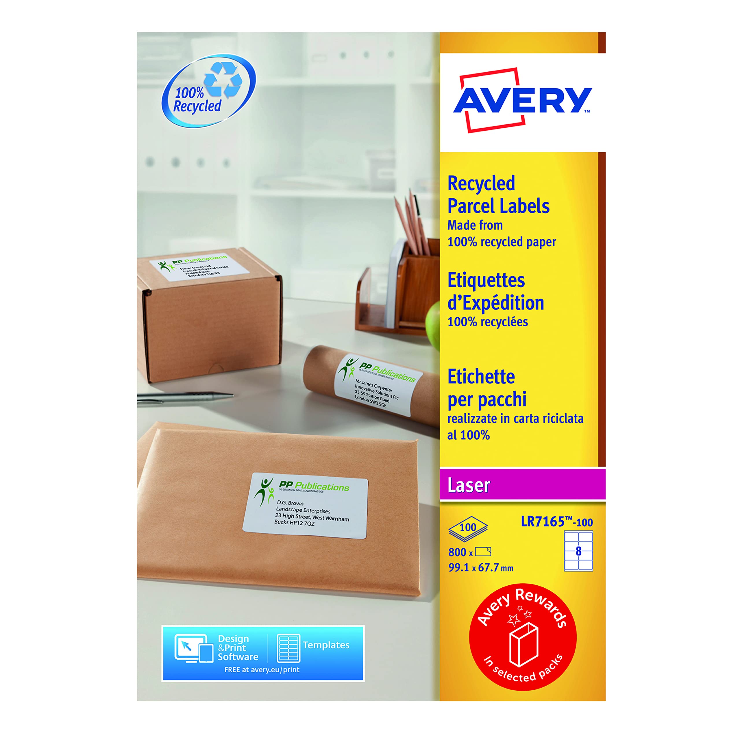 Avery Self Adhesive Recycled Parcel Shipping Labels, Laser Printers, 8 Labels Per A4 Sheet, 800 labels, QuickPEEL (LR7165) White