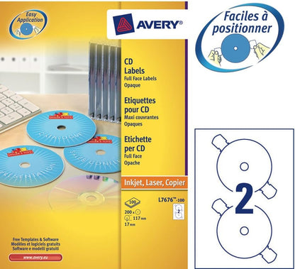 Avery L7676-100 Self-Adhesive Opaque Full Face CD Labels, 2 Labels Per A4 Sheet, White