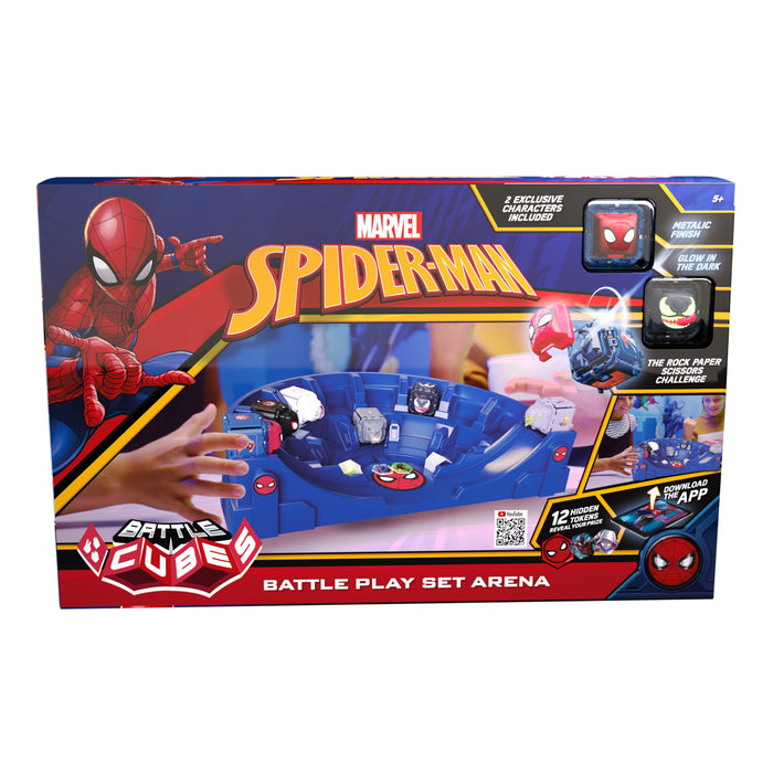 Marvel Battle Cubes Downtown Showdown Training Arena, 2 Exclusive Spider-Man Metallic Battle Cubes, Battle Ramp Play Set, Unleash Power, Launch Attack, RPS Auto-Battle System, APP, Ages 5+