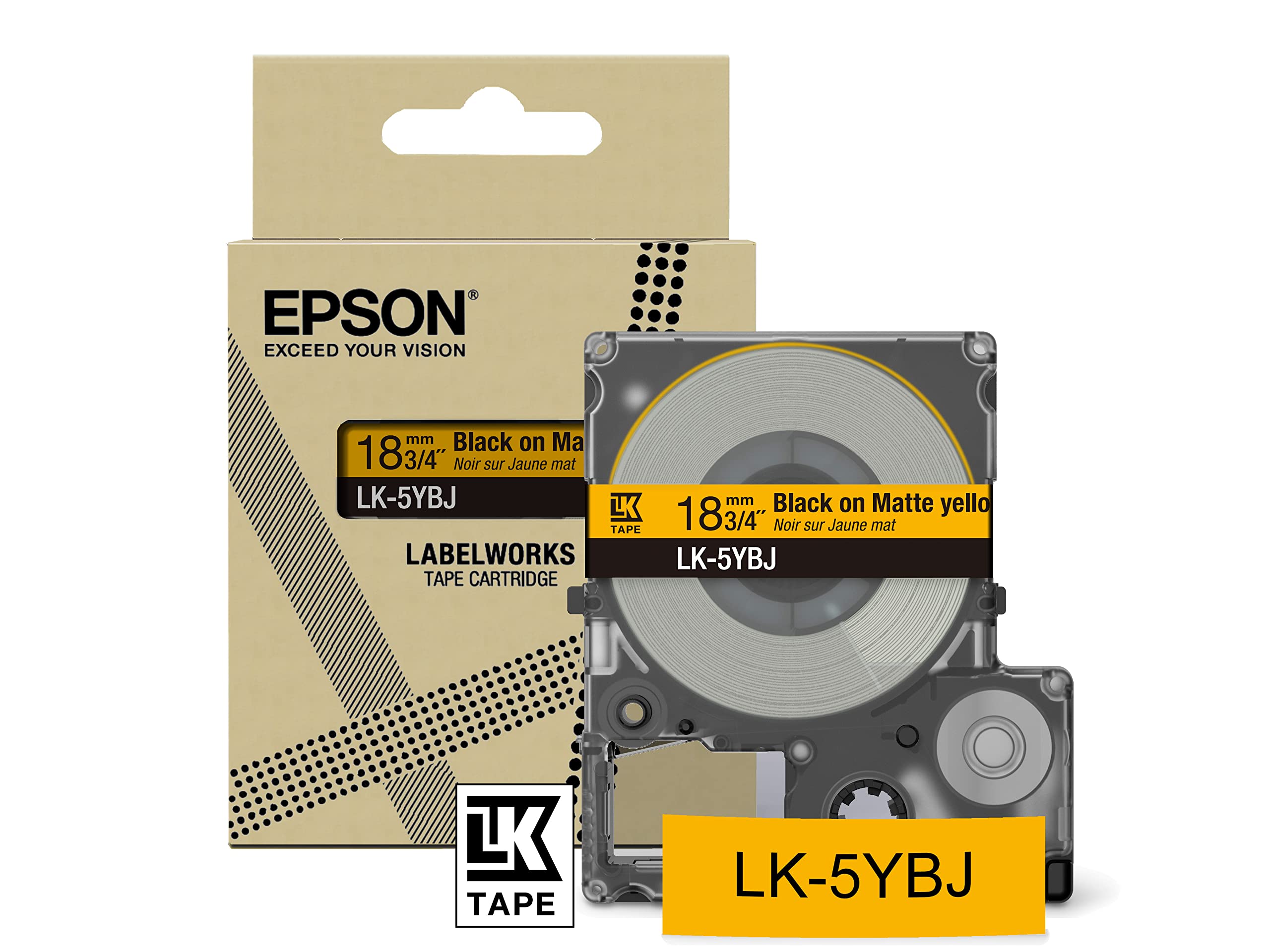 Epson Etikettenkassette, mattes Beschriftungsband LK-4YBJ schwarz auf gelb, langlebiges Band für Epson LabelWorks Etikettendrucker, wasser- & verschleißfest, 8 m x 12 mm