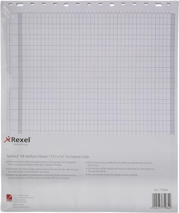 Rexel Twinlock Variform Multi-Ring Binder V8 Cash Refill Sheets 14 Columns , White (Pack of 75