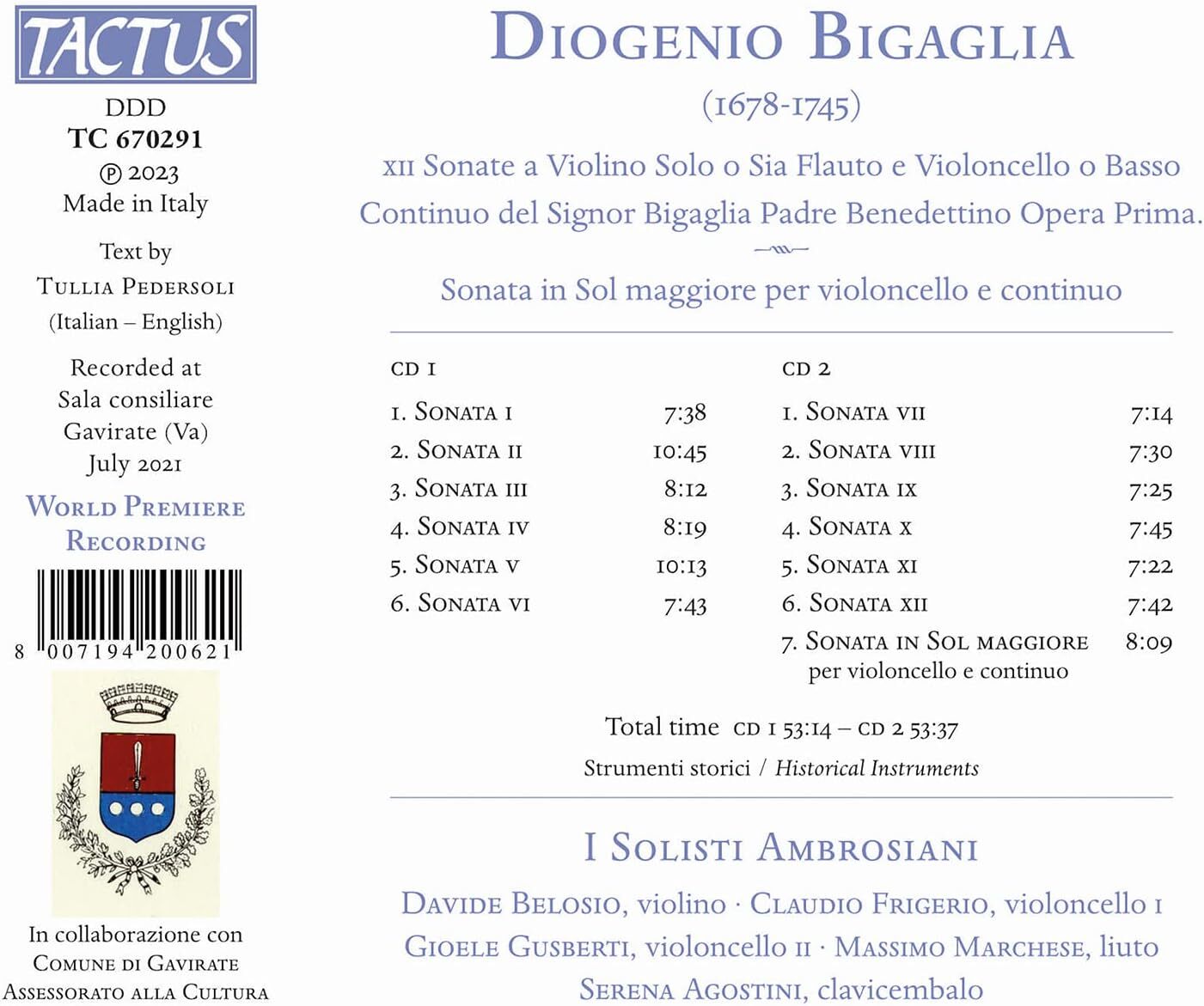 Diogenio Bigaglia: 12 Sonate E Violino Solo Opera Prima