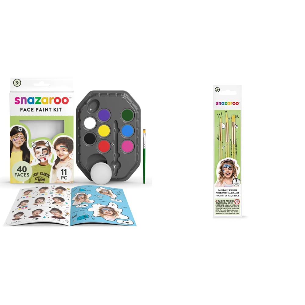 Snazaroo SZ1180102 Rainbow Face Paint Palette Kit & 1192505US Face Paint Brush Set-3 Pcs, Green Rainbow + Paint Brush Set-3
