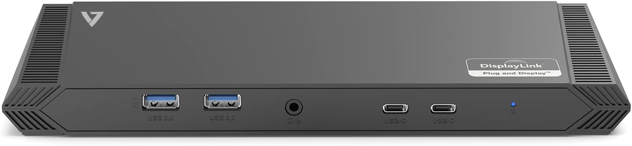 V7 USB-C Triple DisplayLink Docking Station, 65W Power Delivery, 2 x HDMI ports, DVI port, 4 x USB A Ports, 2 x USB-C ports, Power Supply with US/EU/UK plugs included