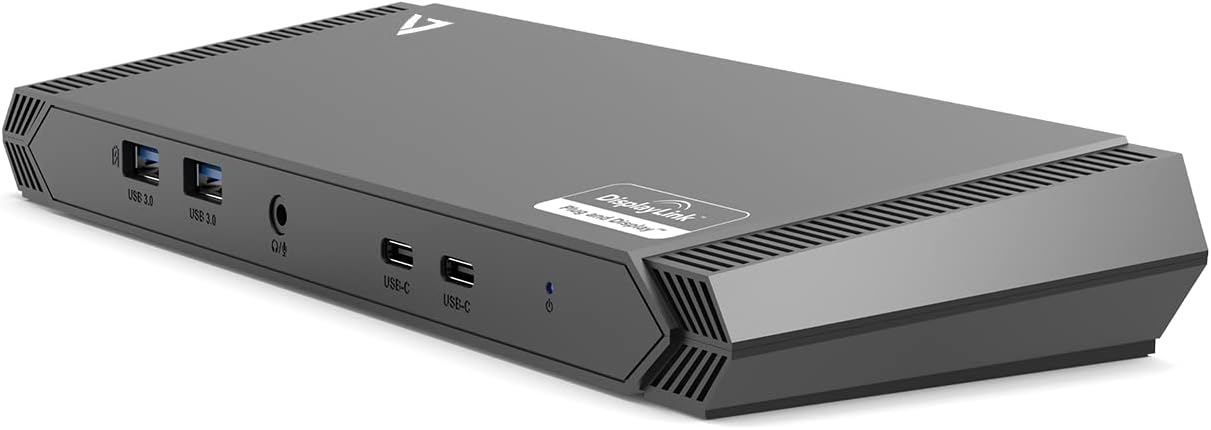 V7 USB-C Triple DisplayLink Docking Station, 65W Power Delivery, 2 x HDMI ports, DVI port, 4 x USB A Ports, 2 x USB-C ports, Power Supply with US/EU/UK plugs included