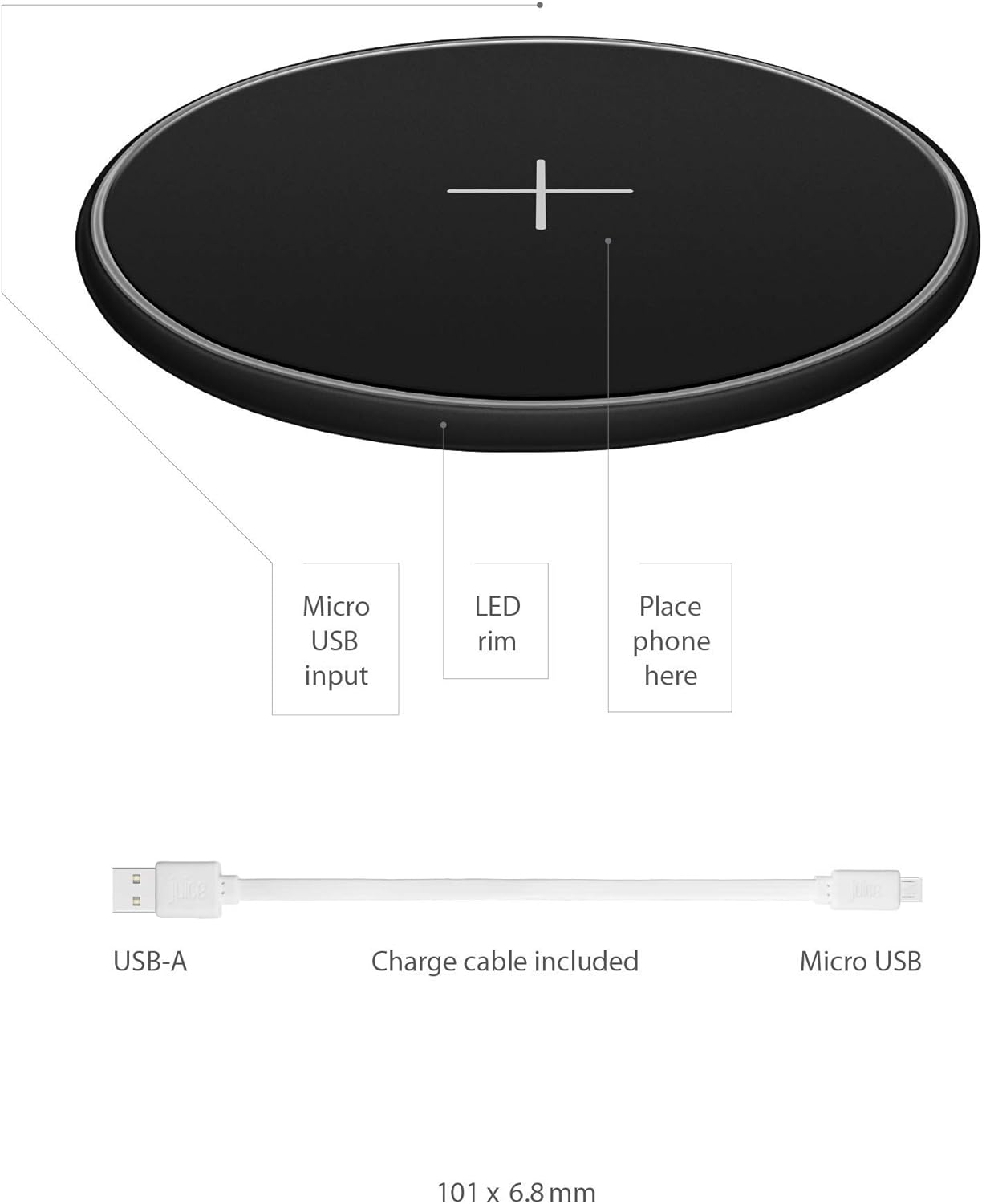 Juice Wireless QI Compatible Mobile Phone Charging Disc, iPhone, Samsung, Huawei, Sony, Microsoft, Google, 5W, Black