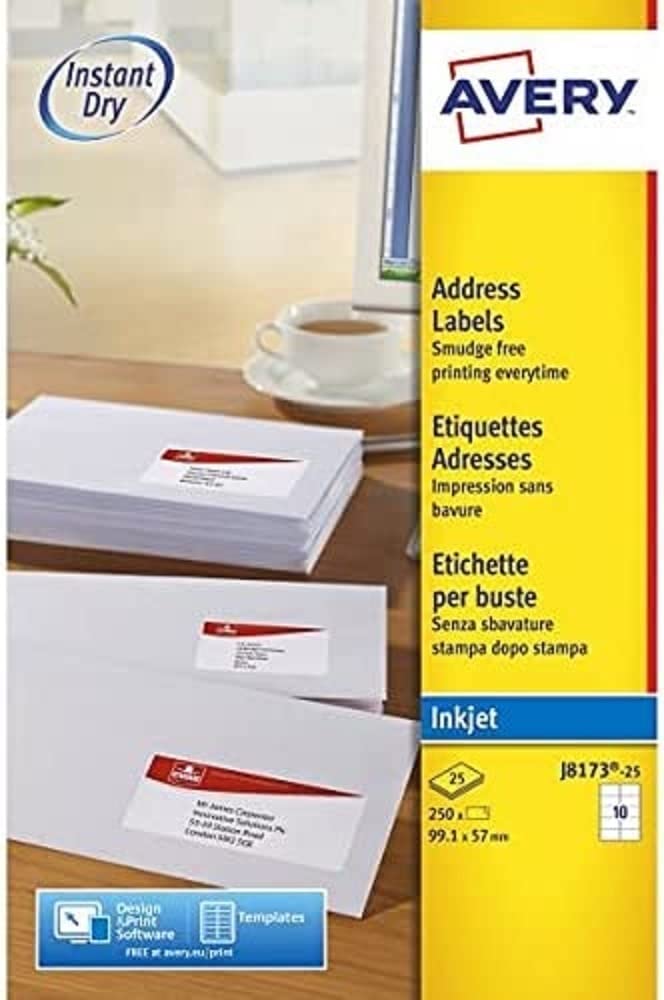 AVERY Zweckform J8173-25 Versandetiketten/Versandaufkleber (250 Etiketten, 99,1x57mm auf A4, bedruckbar, selbstklebend, für Inkjet-Drucker, für DIN B4/C4 Umschläge) 25 Blatt, weiß