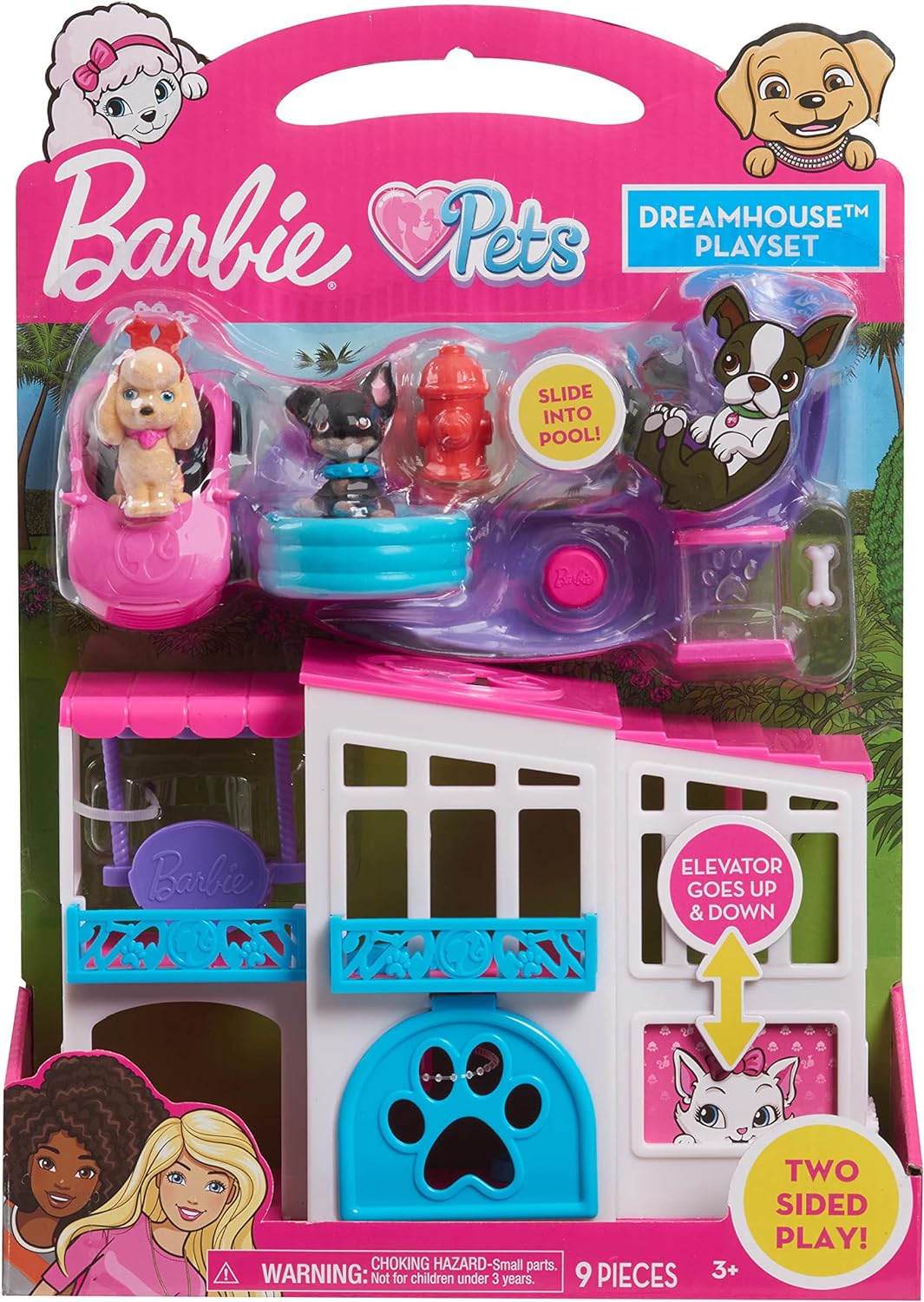 Barbie Pet Dreamhouse 2-Sided Playset, 10-pieces Include Pets and Accessories, Kids Toys for Ages 3 Up