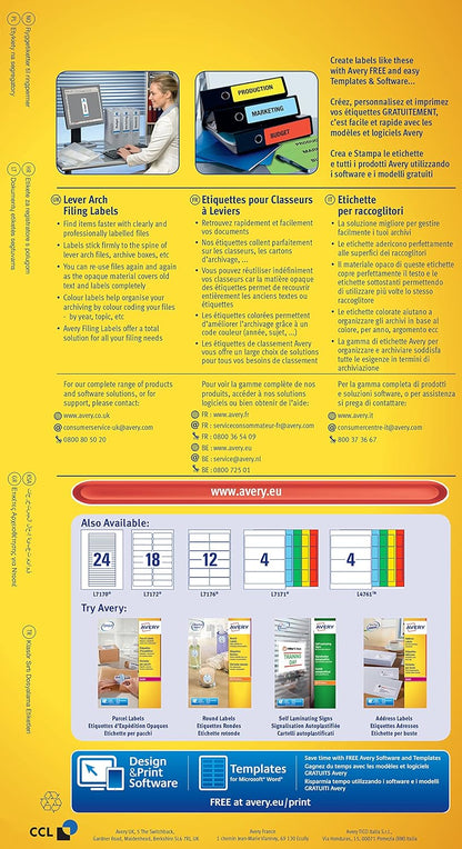 Avery L7171A-20 Self-Adhesive Assorted Colours Lever Arch File Labels, 4 Labels Per A4 Sheet, 80 Labels Per Pack