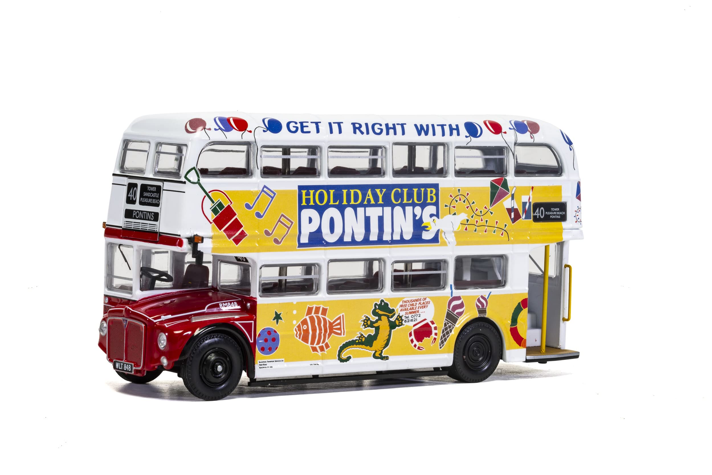 Corgi- Modelo Diecast, AEC RM, Blackpool Transport/Pontins, Blanco/Amarillo/Rojo, Color (OM46317