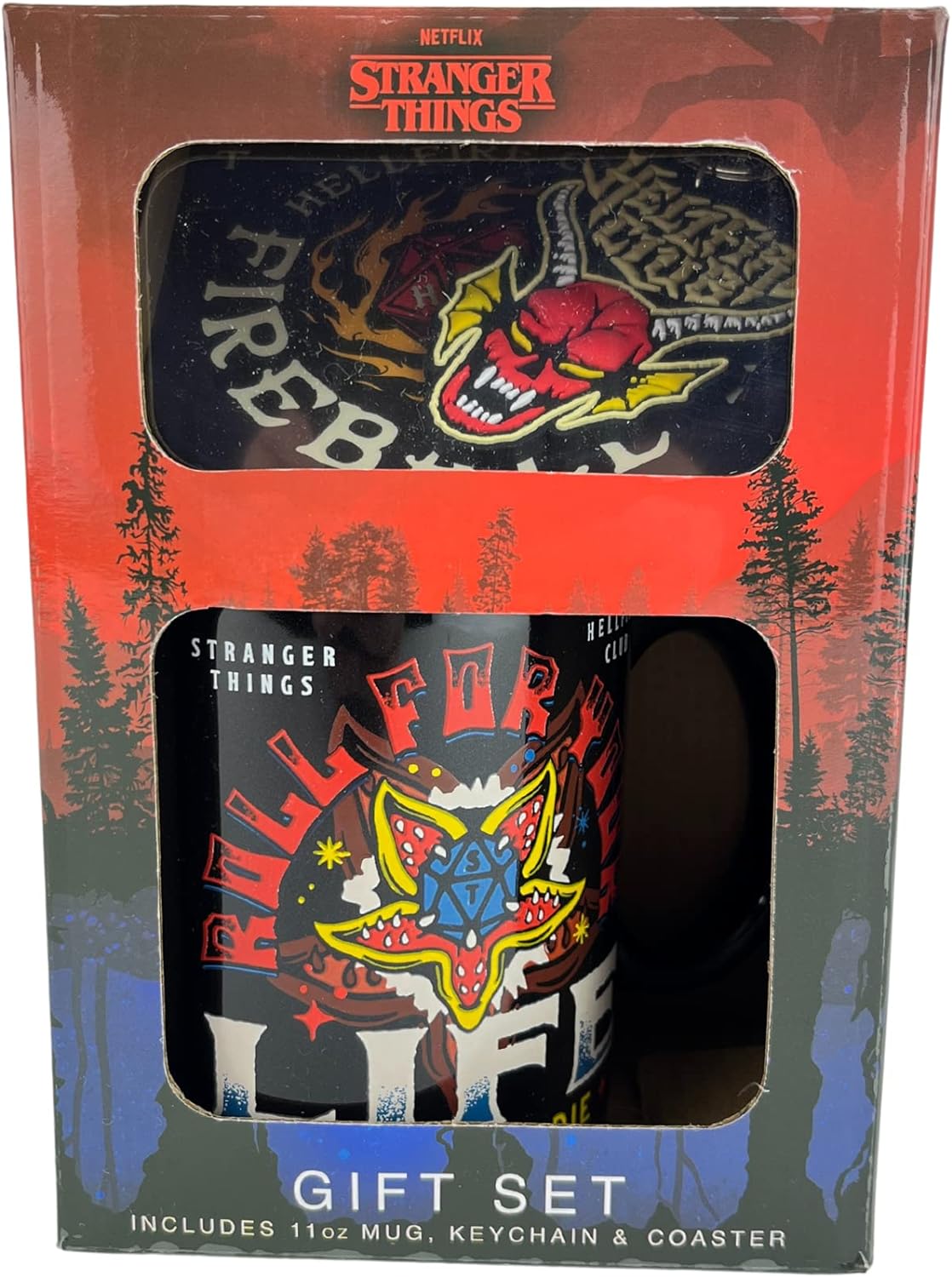 Pyramid International Stranger Things Gift Set with Mug, Coaster and Keyring in Presentation Gift Box (Hellfire Design) 11oz Ceramic Mug - Official Merchandise