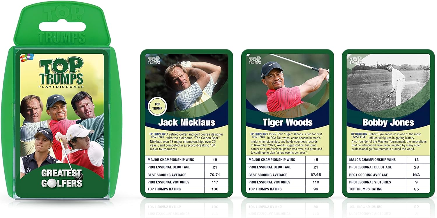 Top Trumps Golfers Classics Kartenspiel, Spielen Sie mit 30 der größten Golfer einschließlich Seve Ballesteros, Betsy King, Tiger Wood, Ben Hogan, entdecken Sie neue PGA- und LPGA-Fakten, 2+ Spiel für