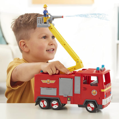 FIREMAN SAM Electronic Spray and Play Jupiter fire engine, free-wheeling with lights, sounds, water cannon, with figure playset., Red, 35.5 x 15 x 20.5 centimeters