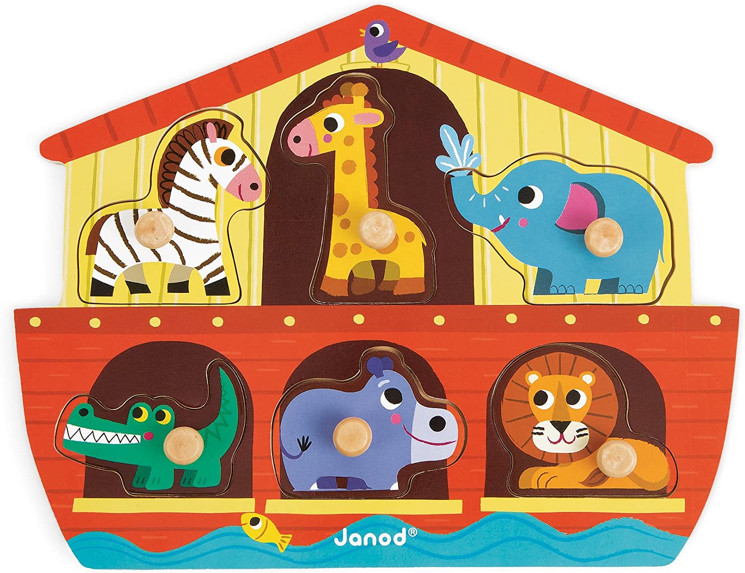 Janod J07062 Wooden Tenon Puzzles 6 pieces, Noah's Ark Arche Noah