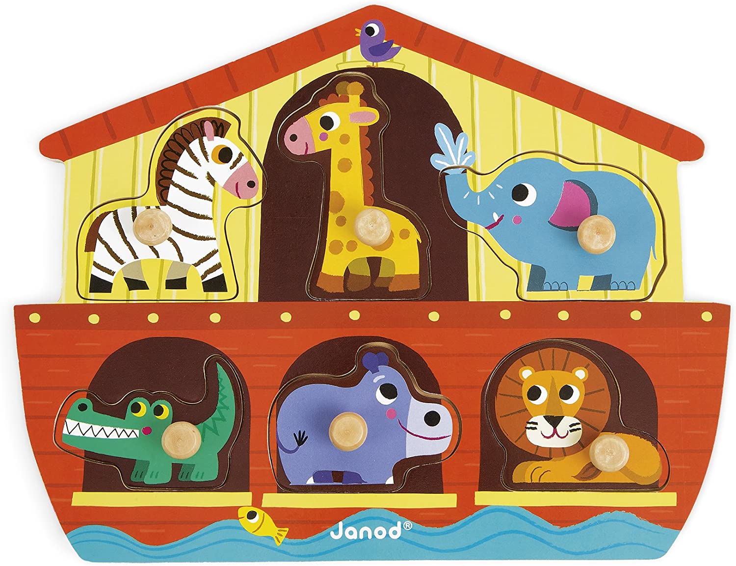 Janod J07062 Wooden Tenon Puzzles 6 pieces, Noah's Ark Arche Noah
