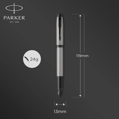 Parker IM Fountain Pen | Matte Grey with Black Trim | Medium Point with Blue Ink Cartridge | Gift Box Medium Nib Matte grey