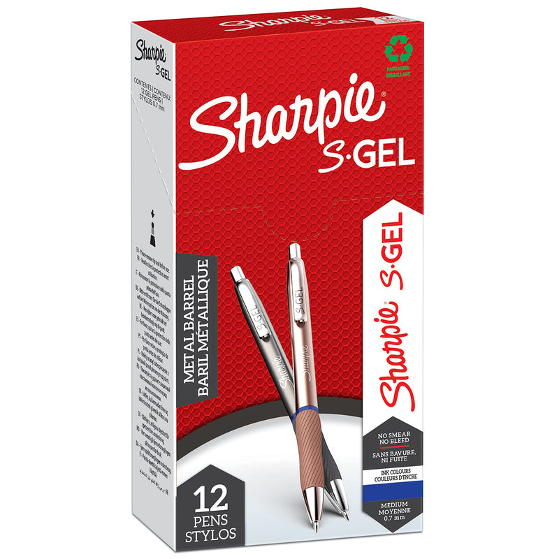 Sharpie S-Gel | Metal Gel Pens | Medium Point (0.7mm) | Steel Grey & Rose Gold | Blue Ink | 12 Count Steel Grey & Rose Gold Barrels Blue