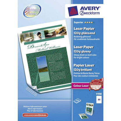 Avery Zweckform 1198 Photo Paper A4 Printable Both Sides 120 g for Colour Laser Printers Pack of 200 Sheets