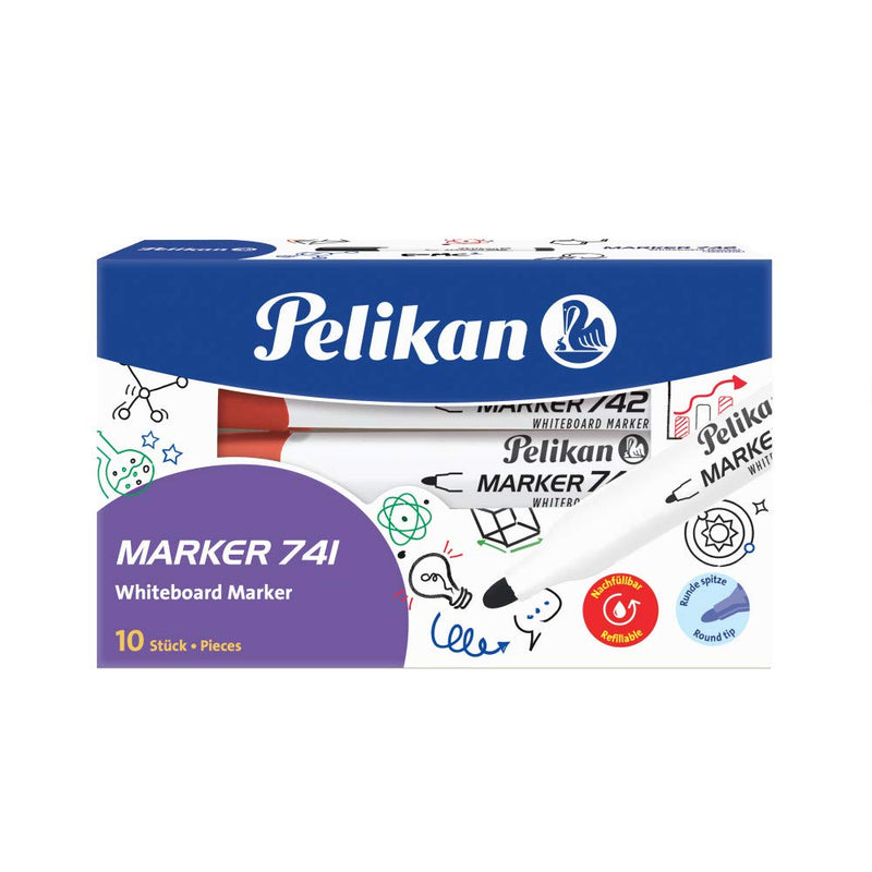 Pelikan 817998 Whiteboard Marker 741 with Round Wick, Red, Pack of 10 in Folding Box