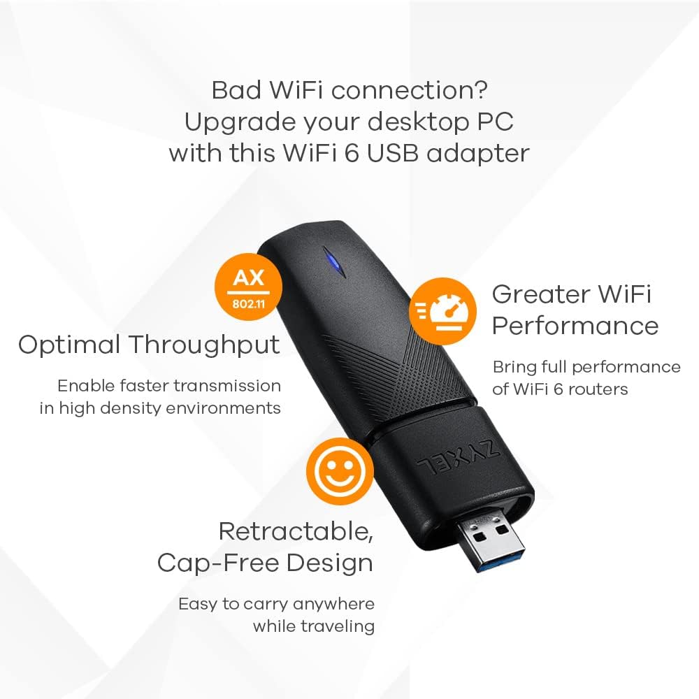 Zyxel WiFi 6 AX1800 USB Adapter – Support MU-MIMO, OFDMA for lag-free network experience. Advanced security of WPA2/WPA3 encryption  AX1800 | Dual-band Wireless | USB Adaptor