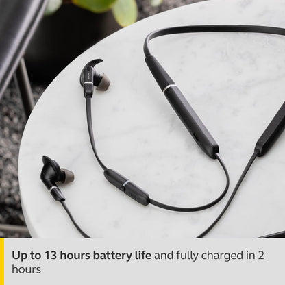 Jabra Evolve 65e In-Ear Headphones – Unified Communications Optimised Active Noise Cancelling Bluetooth Earbuds with Neckband for Wireless Calls, Music and Vibrating Alerts – black Black In-Ear All platforms