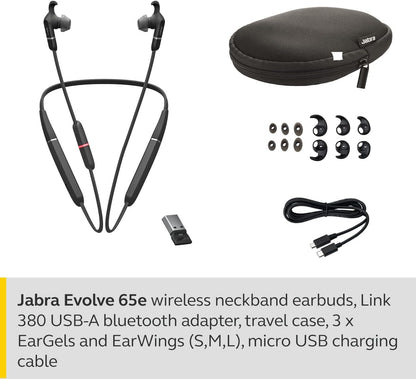 Jabra Evolve 65e In-Ear Headphones – Unified Communications Optimised Active Noise Cancelling Bluetooth Earbuds with Neckband for Wireless Calls, Music and Vibrating Alerts – black Black In-Ear All platforms