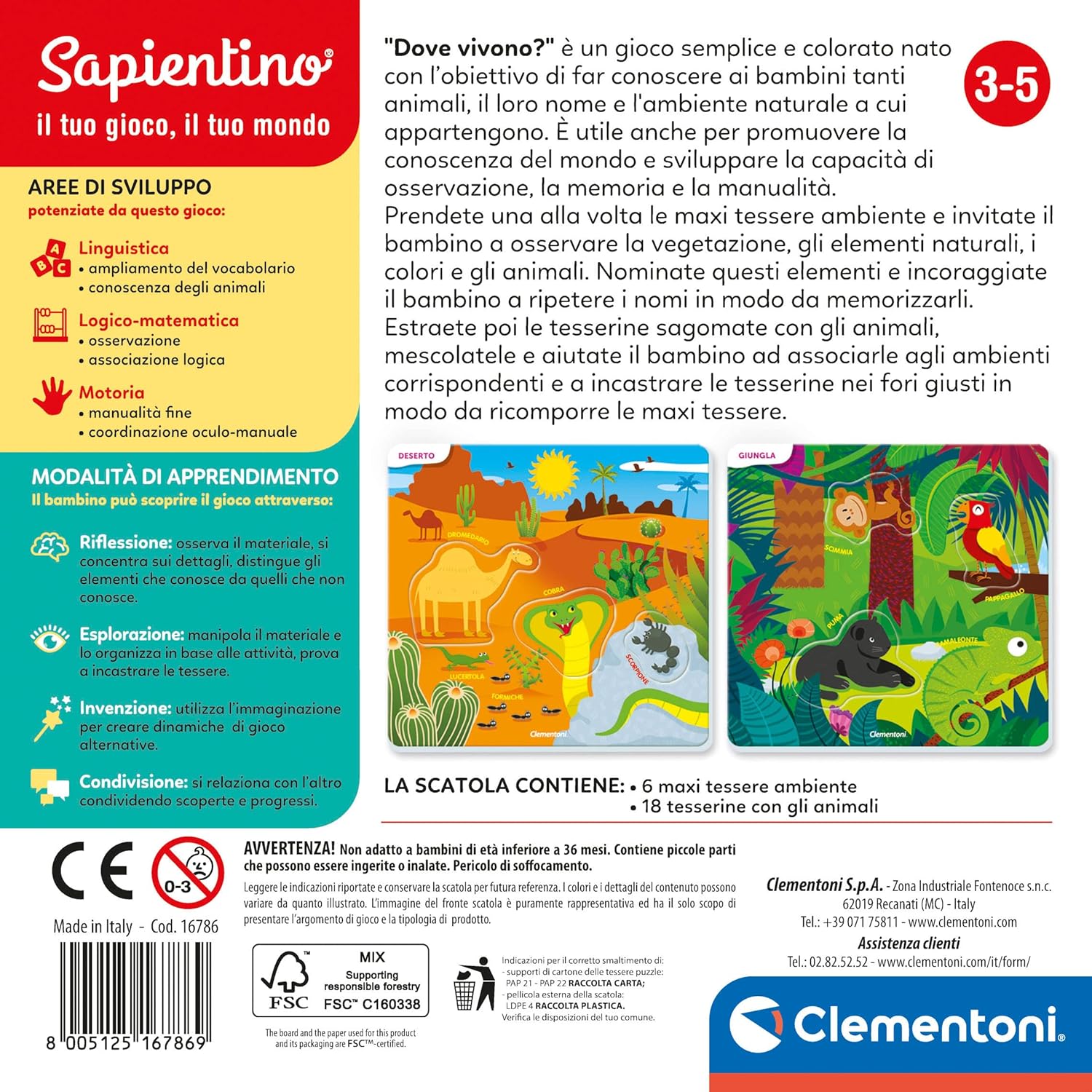 Clementoni - Sapientino-Dove Live-Educational Game 3 Years, Animal Flashcards-Made in Italy, Italian Color, 16786