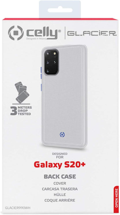 Celly Case for Samsung Galaxy S20+, Glacier Anti-Slip Protective Case, Translucent Matte Cover and Colorful Buttons, White.