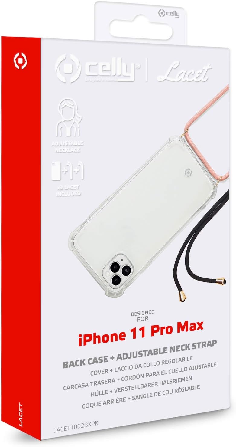Celly Case with Cord for iPhone 11 Pro Max, Transparent Protective Hanging and Adjustable Case with Neck Strap, 2 Cords Black and Pink
