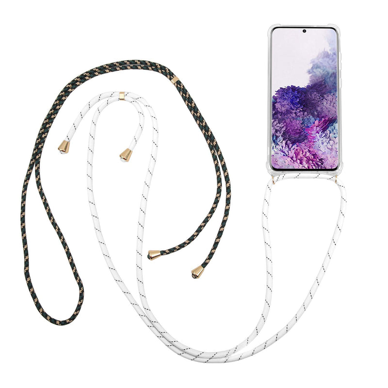 Celly Case with Rope for Samsung Galaxy S20 Ultra, Transparent Protective Hanging and Adjustable Case with Neck Strap, 2 White and Green Lanyards