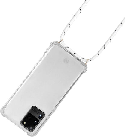 Celly Case with Rope for Samsung Galaxy S20 Ultra, Transparent Protective Hanging and Adjustable Case with Neck Strap, 2 White and Green Lanyards