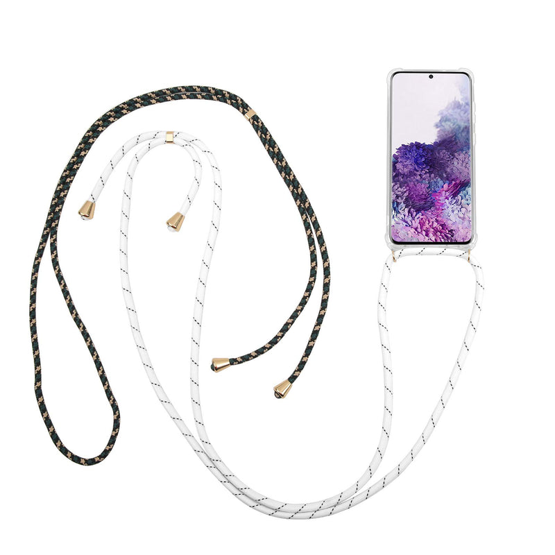 Celly Case with Rope for Samsung Galaxy S20, Transparent Hanging and Adjustable Protective Case with Neck Strap, 2 White and Green Lanyards