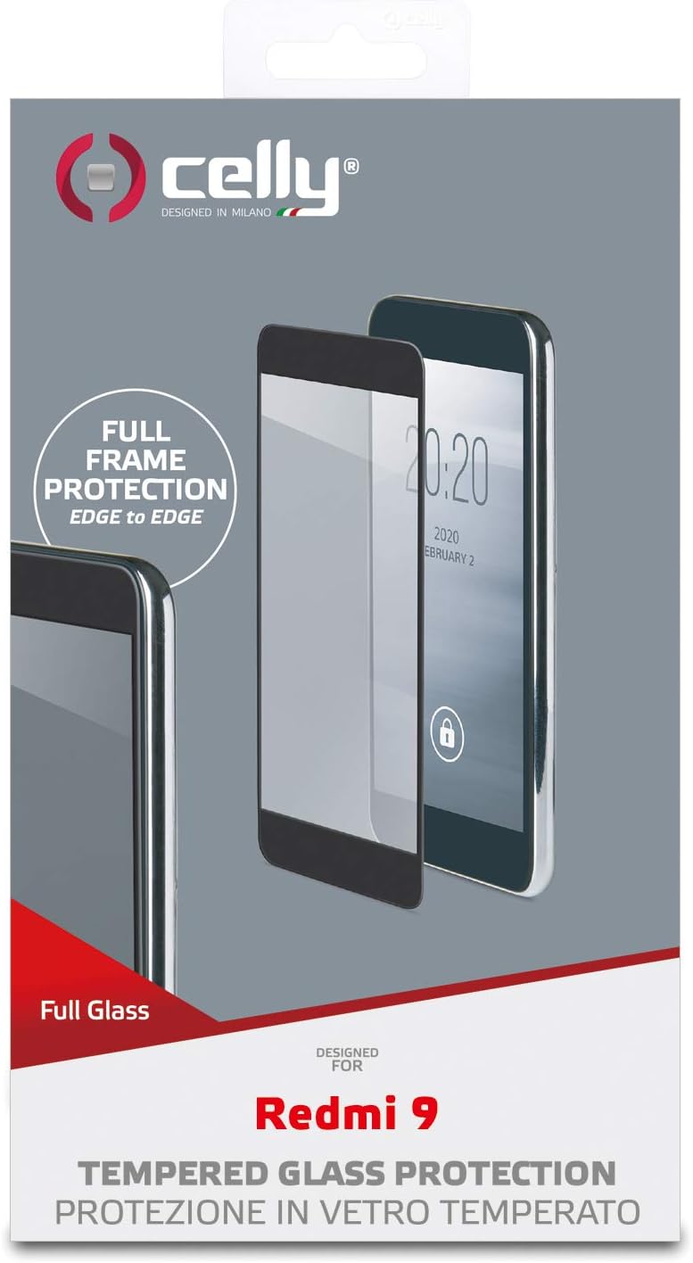 Celly 2D Screen Protector for Xiaomi Redmi 9, Tempered Glass 9H Hardness, Anti-Fingerprint and Anti-Scratch, Black Edge