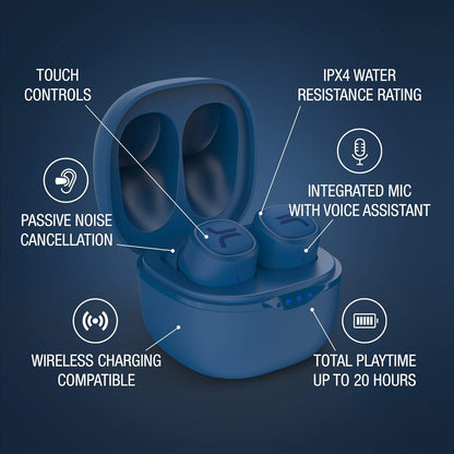 WESC True Wireless Headphones, Bluetooth Earphones with LED Wireless Charging Case, 20Hrs Playtime, Touch Control, IPX4 Water Resistant Earbuds - Navy Blue