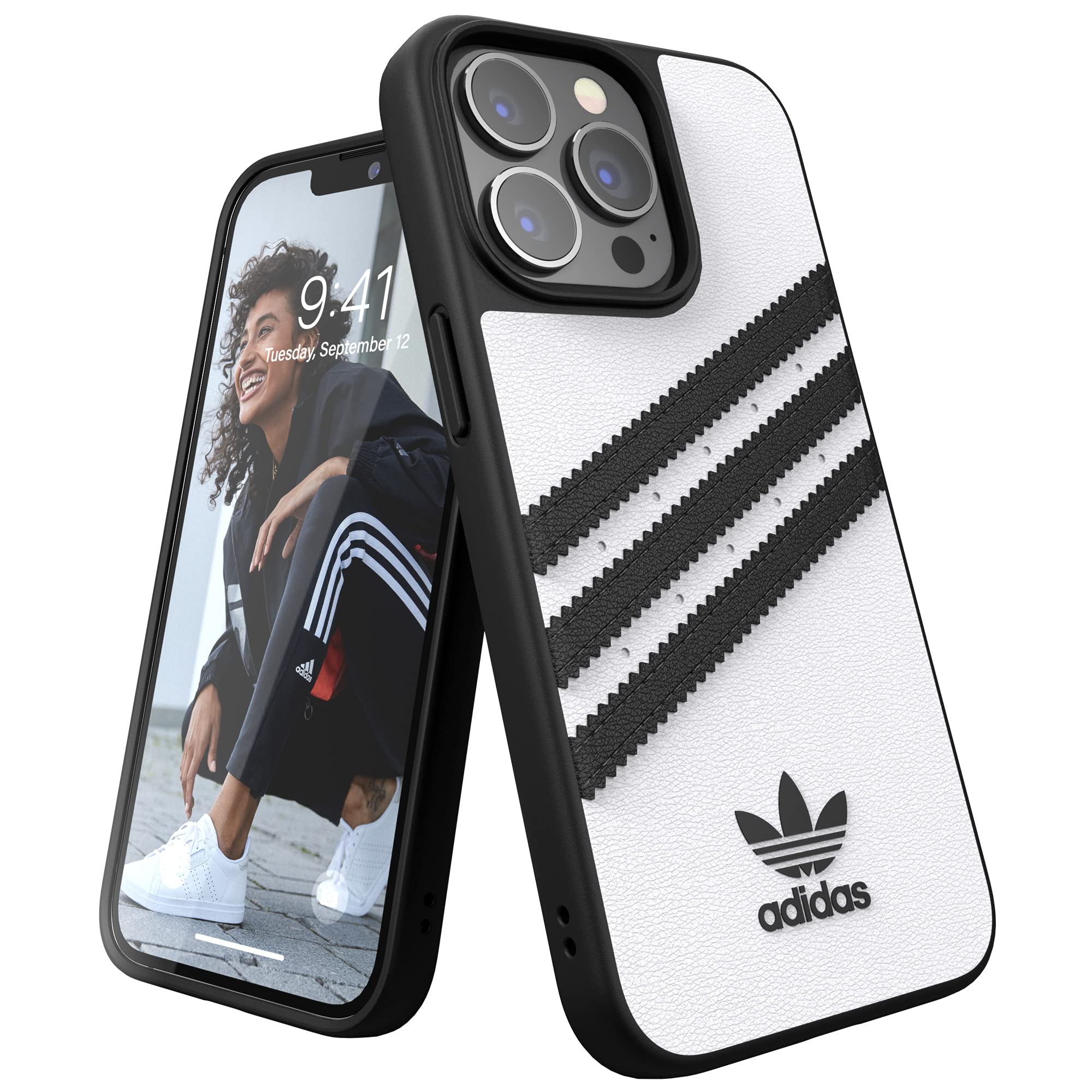 adidas Case Designed for iPhone 13 Pro 6.1, Drop Tested Cases, Shockproof Raised Edges, Original Protective Case, White and Black White with black stripes