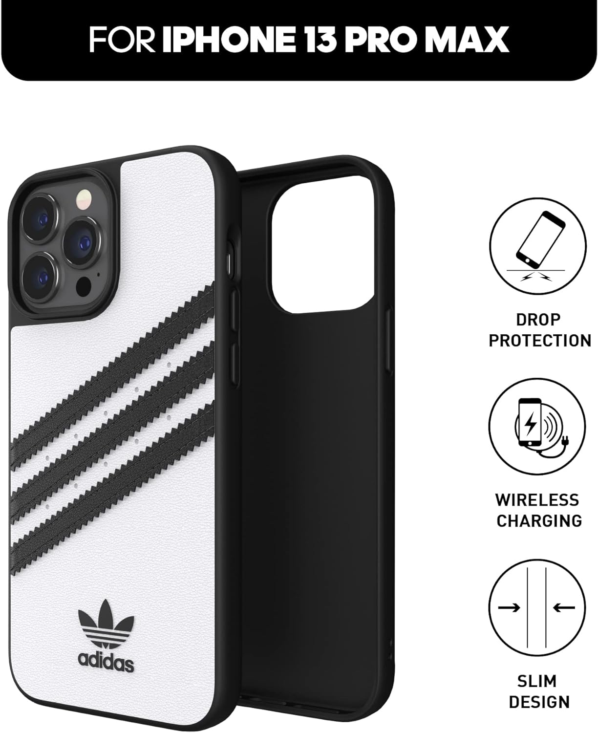 adidas Compatible with iPhone 13 Pro Max 6.7" Case, Original Shaped Case, Protective Case, White & Black white / black
