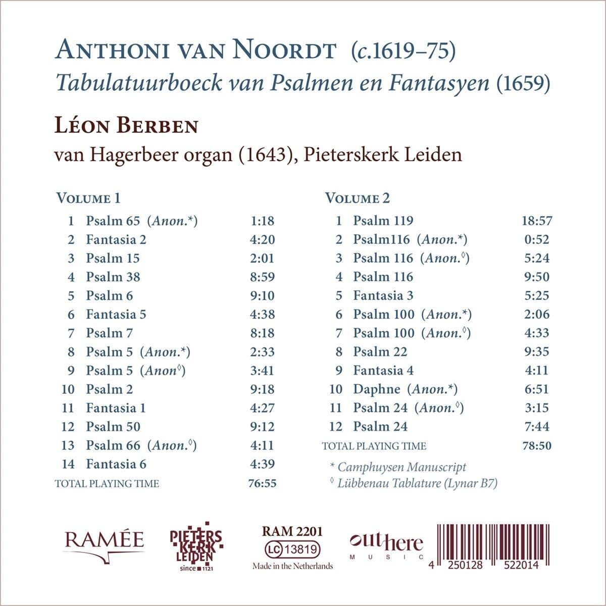 Anthoni Van Noordt: Tabulatuurboeck Van Psalmen En Fantasyen